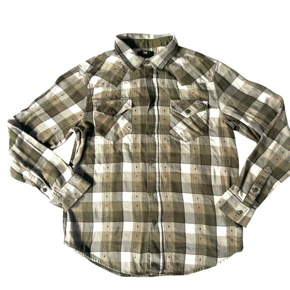 Frye Men’s Plaid Button Down Shirt Green Gray 100% Cotton Long Sleeve Medium - Picture 1 of 11